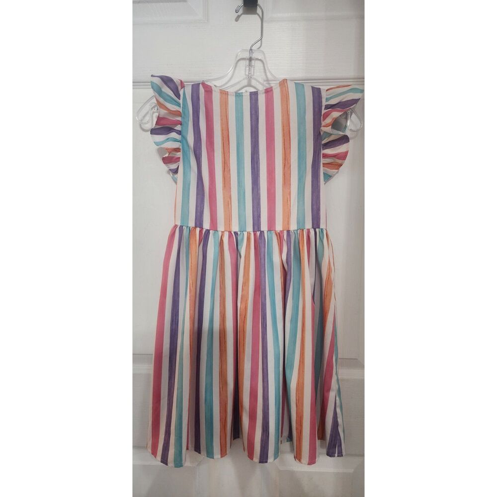 SHEIN Girls Size 9Y Colorful Pastel Striped Flutter Sleeve Button-Front Dress